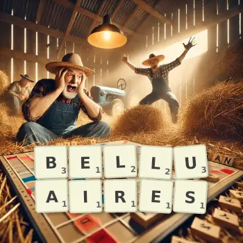 Illustration créative d'un jeu de lettres avec le mot BELLUAIRES épelé sur le plateau.