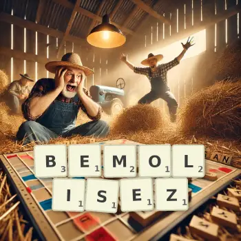 Illustration créative d'un jeu de lettres avec le mot BEMOLISEZ épelé sur le plateau.