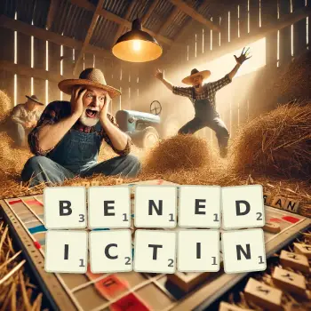 Illustration créative d'un jeu de lettres avec le mot BENEDICTIN épelé sur le plateau.