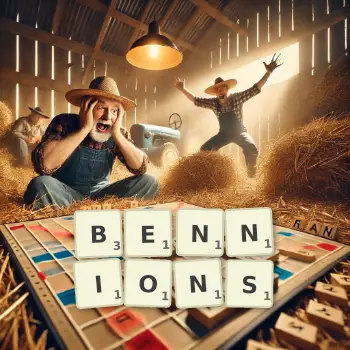 Illustration créative d'un jeu de lettres avec le mot BENNIONS épelé sur le plateau.