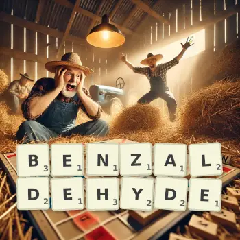 Illustration créative d'un jeu de lettres avec le mot BENZALDEHYDE épelé sur le plateau.