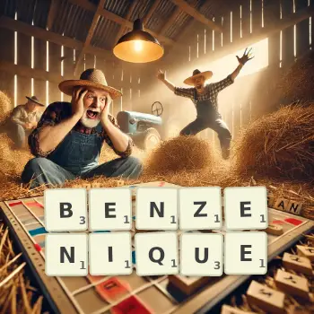 Illustration créative d'un jeu de lettres avec le mot BENZENIQUE épelé sur le plateau.