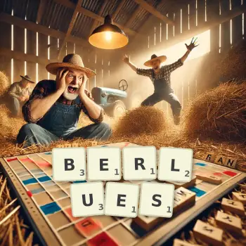 Illustration créative d'un jeu de lettres avec le mot BERLUES épelé sur le plateau.