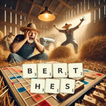 Illustration créative d'un jeu de lettres avec le mot BERTHES épelé sur le plateau.