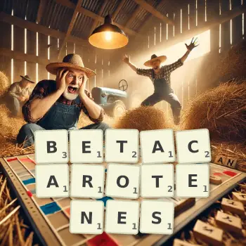 Illustration créative d'un jeu de lettres avec le mot BETACAROTENES épelé sur le plateau.