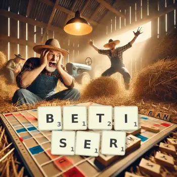 Illustration créative d'un jeu de lettres avec le mot BETISER épelé sur le plateau.