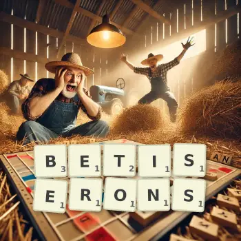 Illustration créative d'un jeu de lettres avec le mot BETISERONS épelé sur le plateau.