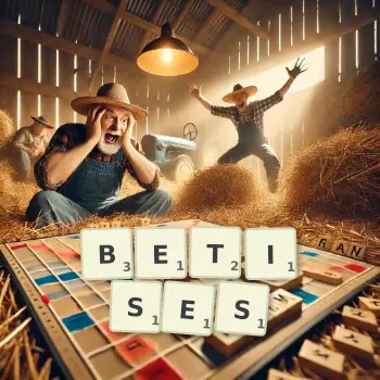 Illustration créative d'un jeu de lettres avec le mot BETISES épelé sur le plateau.
