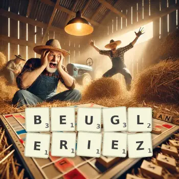 Illustration créative d'un jeu de lettres avec le mot BEUGLERIEZ épelé sur le plateau.