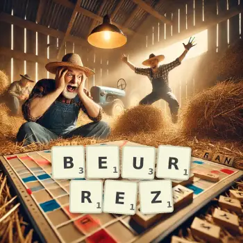 Illustration créative d'un jeu de lettres avec le mot BEURREZ épelé sur le plateau.