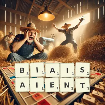 Illustration créative d'un jeu de lettres avec le mot BIAISAIENT épelé sur le plateau.