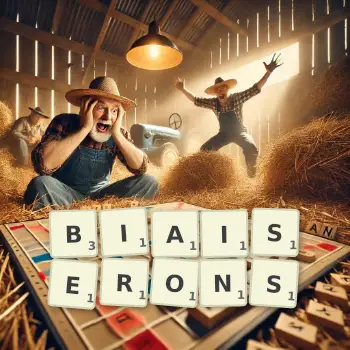 Illustration créative d'un jeu de lettres avec le mot BIAISERONS épelé sur le plateau.