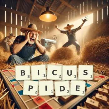 Illustration créative d'un jeu de lettres avec le mot BICUSPIDE épelé sur le plateau.