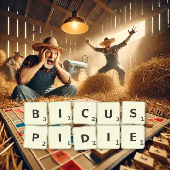 Illustration créative d'un jeu de lettres avec le mot BICUSPIDIE épelé sur le plateau.