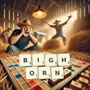 Illustration créative d'un jeu de lettres avec le mot BIGHORN épelé sur le plateau.