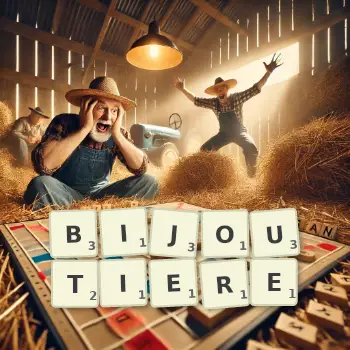 Illustration créative d'un jeu de lettres avec le mot BIJOUTIERE épelé sur le plateau.