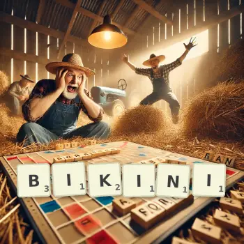 Illustration créative d'un jeu de lettres avec le mot BIKINI épelé sur le plateau.