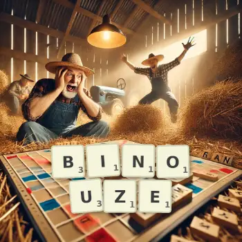 Illustration créative d'un jeu de lettres avec le mot BINOUZE épelé sur le plateau.
