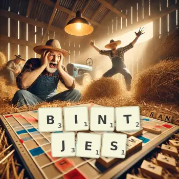 Illustration créative d'un jeu de lettres avec le mot BINTJES épelé sur le plateau.