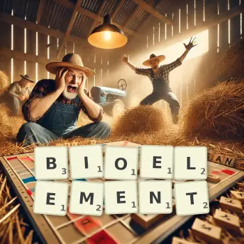 Illustration créative d'un jeu de lettres avec le mot BIOELEMENT épelé sur le plateau.
