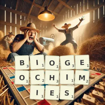 Illustration créative d'un jeu de lettres avec le mot BIOGEOCHIMIES épelé sur le plateau.