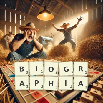 Illustration créative d'un jeu de lettres avec le mot BIOGRAPHIA épelé sur le plateau.