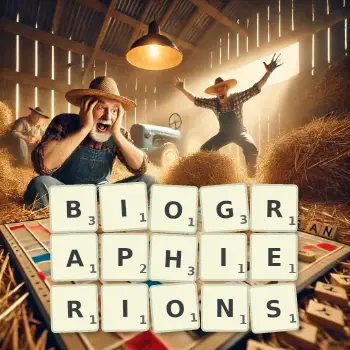 Illustration créative d'un jeu de lettres avec le mot BIOGRAPHIERIONS épelé sur le plateau.