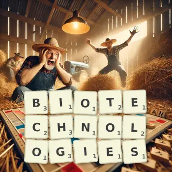 Illustration créative d'un jeu de lettres avec le mot BIOTECHNOLOGIES épelé sur le plateau.