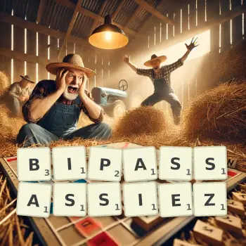 Illustration créative d'un jeu de lettres avec le mot BIPASSASSIEZ épelé sur le plateau.
