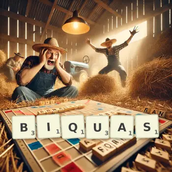 Illustration créative d'un jeu de lettres avec le mot BIQUAS épelé sur le plateau.