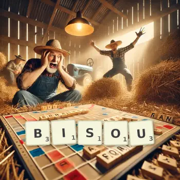 Illustration créative d'un jeu de lettres avec le mot BISOU épelé sur le plateau.