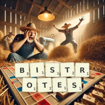 Illustration créative d'un jeu de lettres avec le mot BISTROTES épelé sur le plateau.