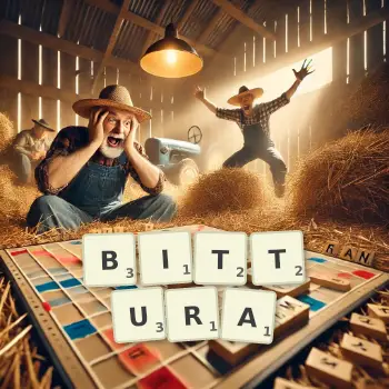 Illustration créative d'un jeu de lettres avec le mot BITTURA épelé sur le plateau.