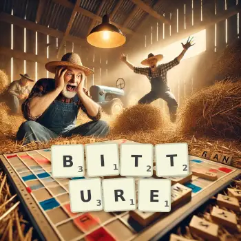 Illustration créative d'un jeu de lettres avec le mot BITTURE épelé sur le plateau.
