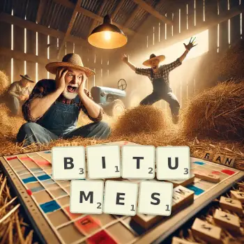 Illustration créative d'un jeu de lettres avec le mot BITUMES épelé sur le plateau.