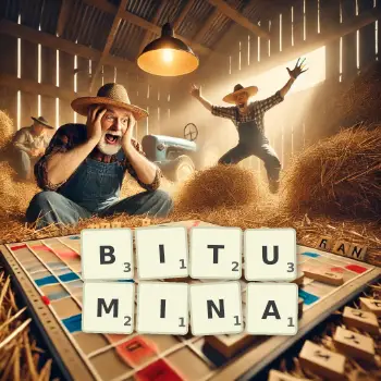 Illustration créative d'un jeu de lettres avec le mot BITUMINA épelé sur le plateau.
