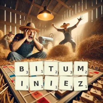Illustration créative d'un jeu de lettres avec le mot BITUMINIEZ épelé sur le plateau.
