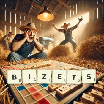 Illustration créative d'un jeu de lettres avec le mot BIZETS épelé sur le plateau.