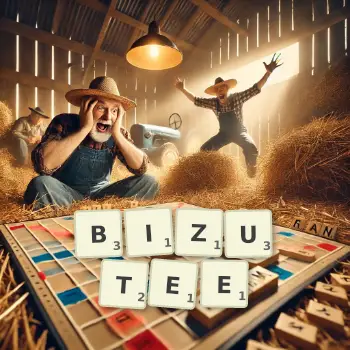 Illustration créative d'un jeu de lettres avec le mot BIZUTEE épelé sur le plateau.