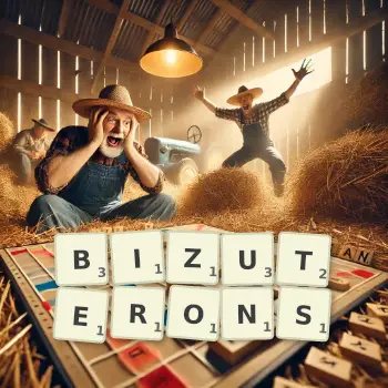 Illustration créative d'un jeu de lettres avec le mot BIZUTERONS épelé sur le plateau.