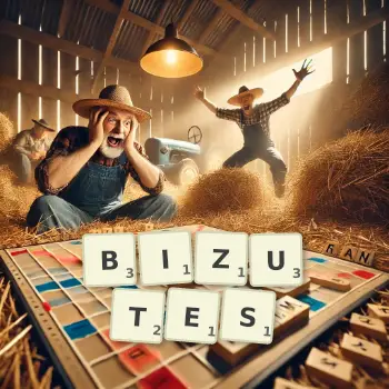 Illustration créative d'un jeu de lettres avec le mot BIZUTES épelé sur le plateau.