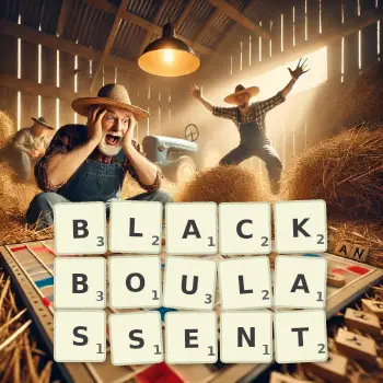 Illustration créative d'un jeu de lettres avec le mot BLACKBOULASSENT épelé sur le plateau.