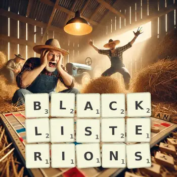 Illustration créative d'un jeu de lettres avec le mot BLACKLISTERIONS épelé sur le plateau.