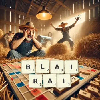 Illustration créative d'un jeu de lettres avec le mot BLAIRAI épelé sur le plateau.