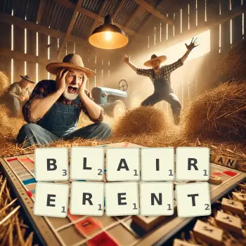 Illustration créative d'un jeu de lettres avec le mot BLAIRERENT épelé sur le plateau.