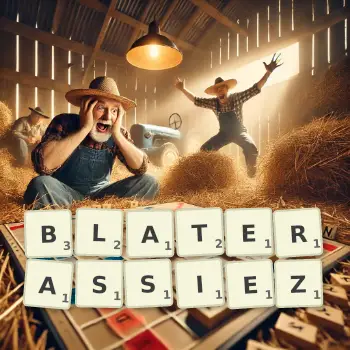 Illustration créative d'un jeu de lettres avec le mot BLATERASSIEZ épelé sur le plateau.