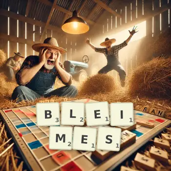 Illustration créative d'un jeu de lettres avec le mot BLEIMES épelé sur le plateau.