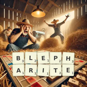 Illustration créative d'un jeu de lettres avec le mot BLEPHARITE épelé sur le plateau.