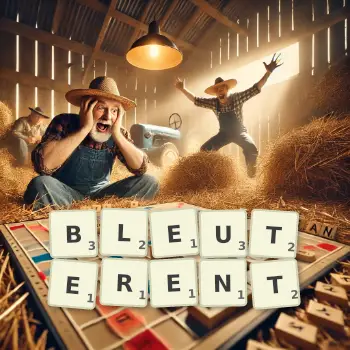 Illustration créative d'un jeu de lettres avec le mot BLEUTERENT épelé sur le plateau.