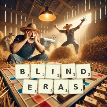 Illustration créative d'un jeu de lettres avec le mot BLINDERAS épelé sur le plateau.